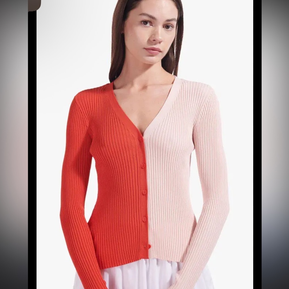 Staud Cargo Sweater Colorblock Cardigan Ribbed Knit Red Pink XSmall NEW Stretch